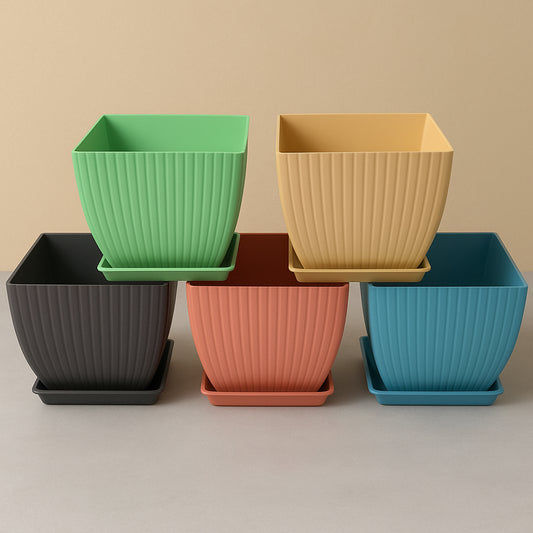 Square Flower Pots with Drainage, Set of 5 Plastic Planters with Trays, Multi-Colour, 17 x 17 x 30 cm, Indoor & Outdoor Use