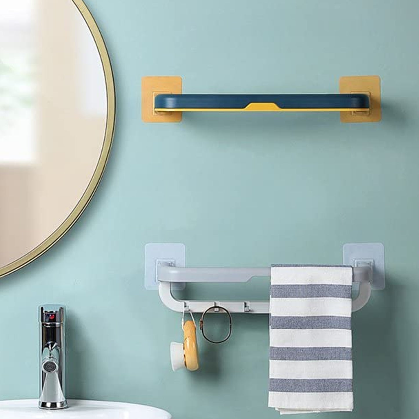 Wall Mounted Double Bar Towel Holder, 37 cm Length, Foldable Bathroom Rack with Hooks, No-Drill Installation