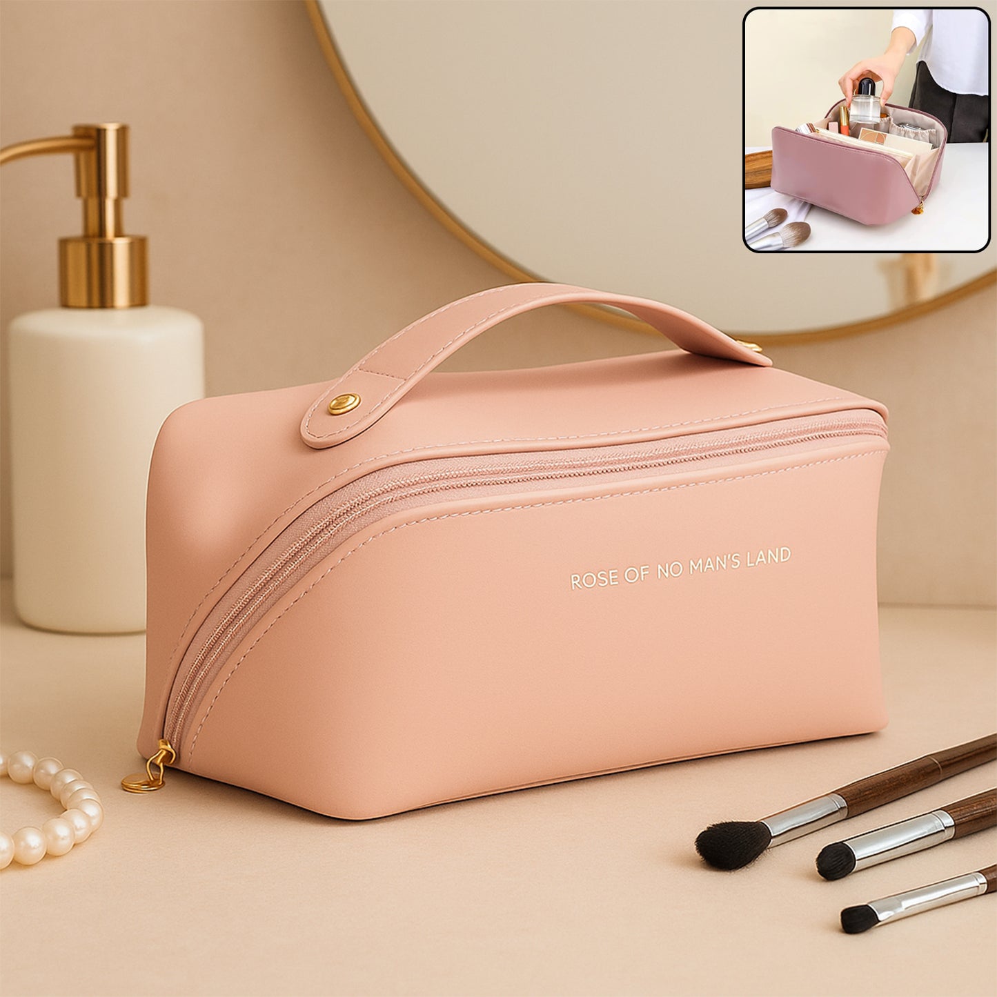 Premium Makeup Organizer Bag, Pink, 28 x 14 x 5 cm, Waterproof with Multiple Compartments