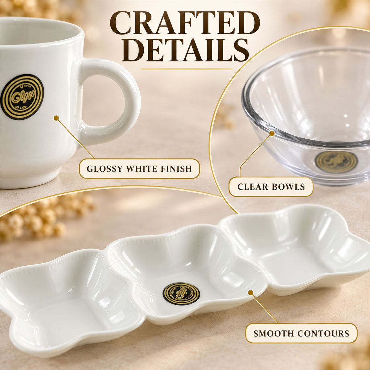 Snack Serving Gift Set With Cups Bowls And Divided Platter (7 Pc Set)