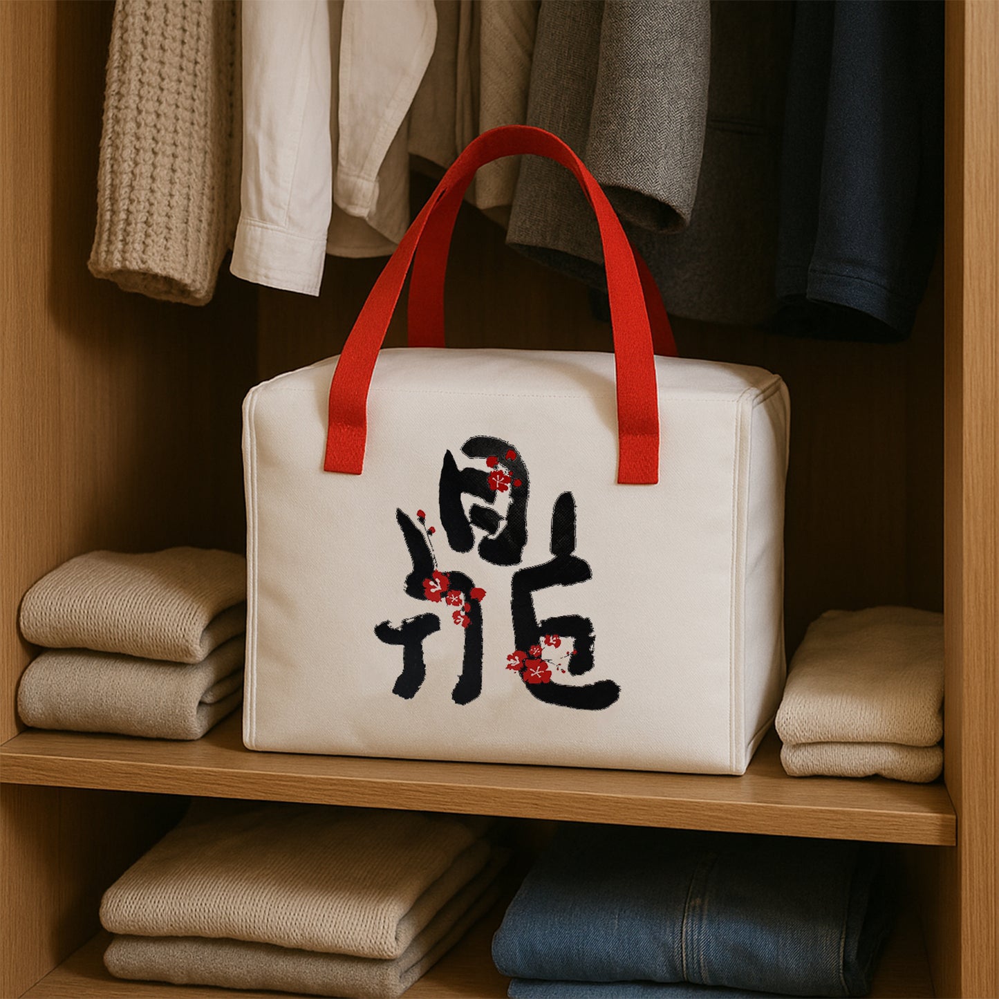 Insulated Thermal Lunch Bag with Red Handles, 25 x 19 x 3 cm, White, Japanese Design, Aluminium Foil Lined
