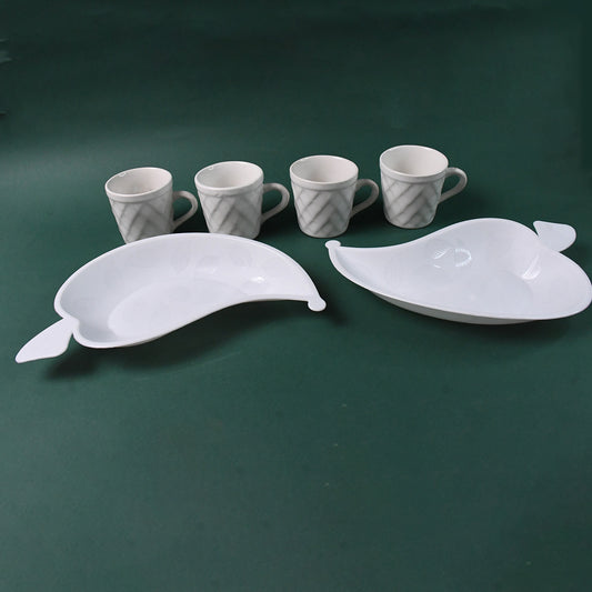 Ceramic Tea Cup and Leaf-Shaped Tray Set, 4 Cups with 2 Serving Trays, White, 42 cm x 22 cm