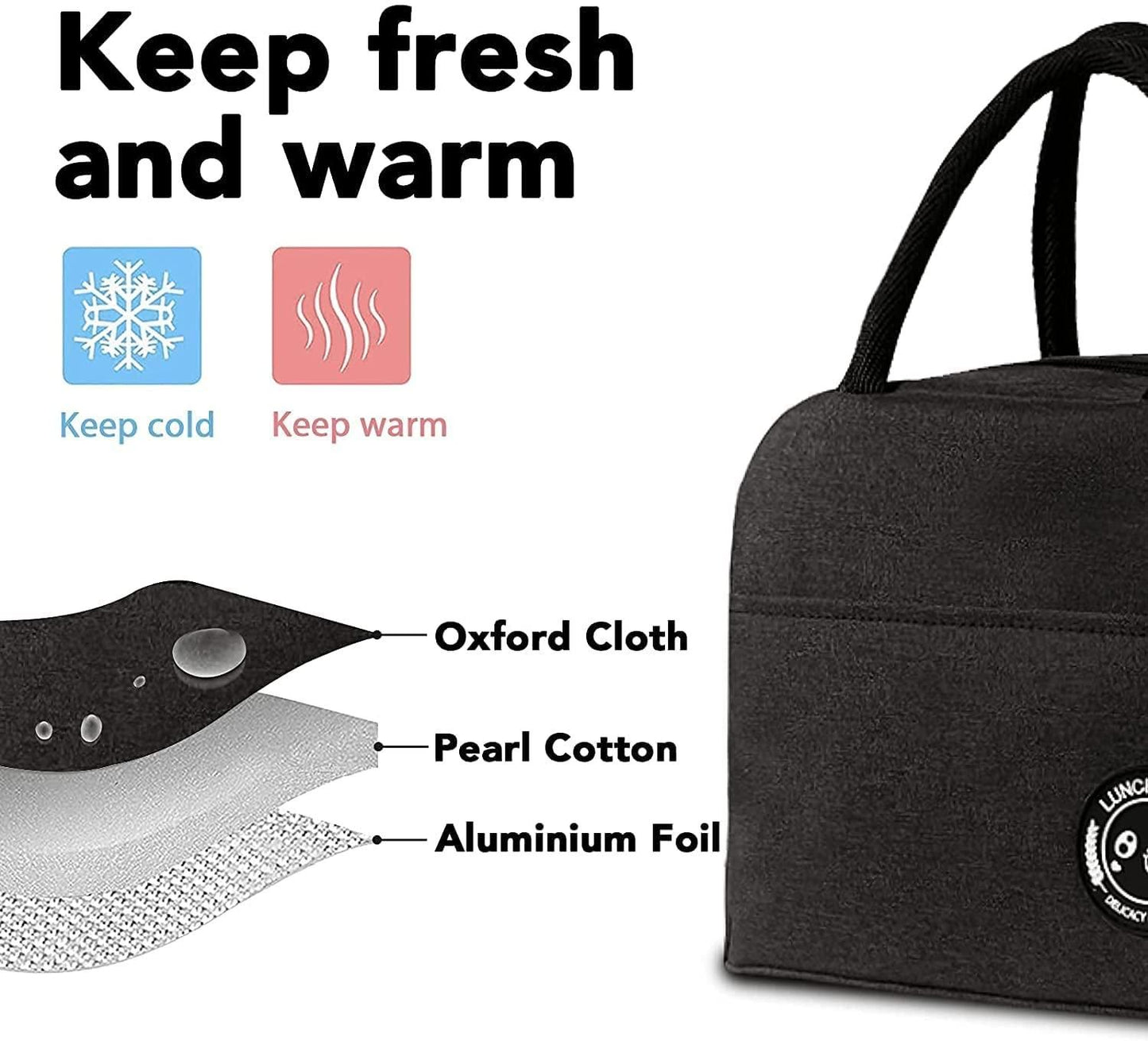 Insulated Lunch Bag, Black, 12 x 7 x 1 cm, Leak-Proof, Reusable