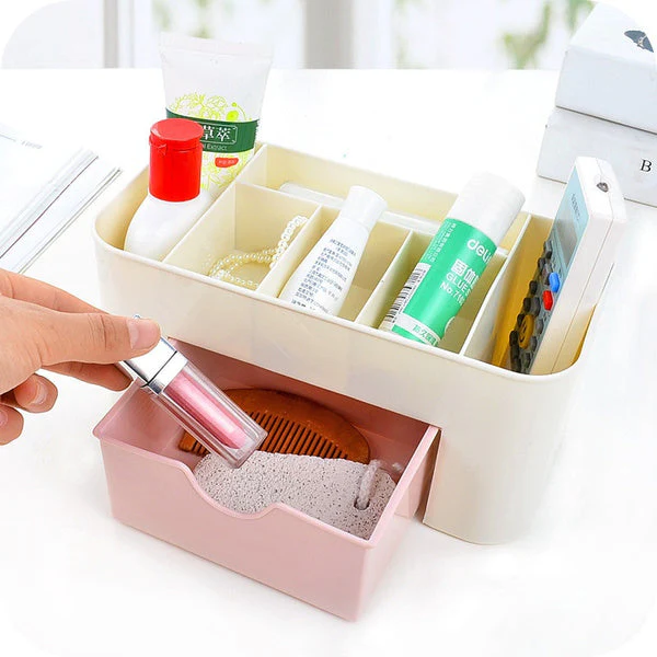 Plastic Cosmetic Storage Organiser Box with Drawer, 22 cm x 11 cm x 11 cm, White and Mint Green, for Makeup and Beauty Products