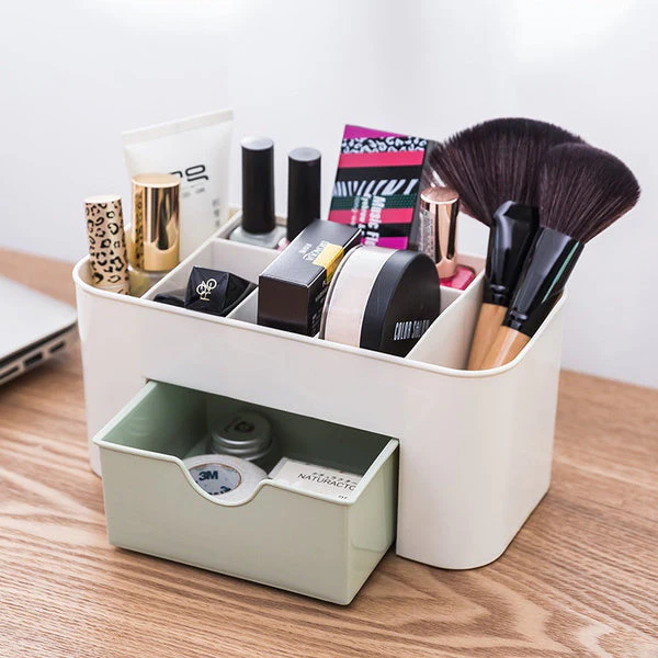 Plastic Cosmetic Storage Organiser Box with Drawer, 22 cm x 11 cm x 11 cm, White and Mint Green, for Makeup and Beauty Products