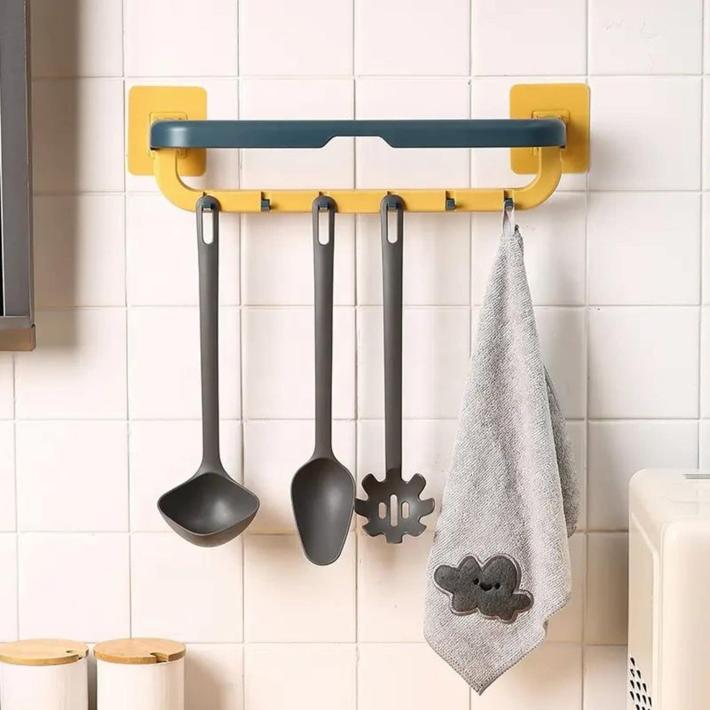 Wall Mounted Double Bar Towel Holder, 37 cm Length, Foldable Bathroom Rack with Hooks, No-Drill Installation
