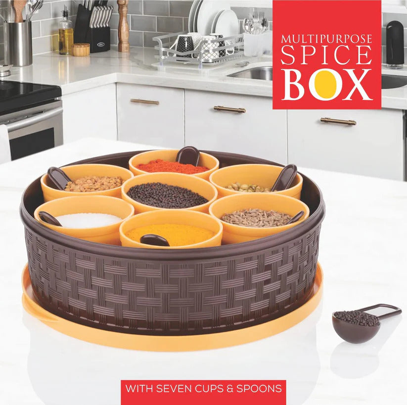 Round Masala Spice Box with 7 Removable Containers, 19 cm Diameter, Brown and Yellow, Includes Measuring Spoons