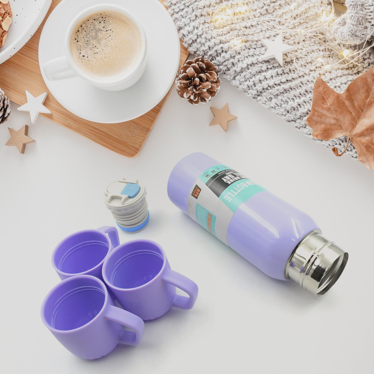 Stainless Steel Vacuum Flask Set (500ml) – Double Wall Insulated Thermos Bottle with 3 Cups & Handle | Leak-Proof Portable Travel Water Bottle for Tea, Coffee, Office, Car & Outdoor Use – Gift Set