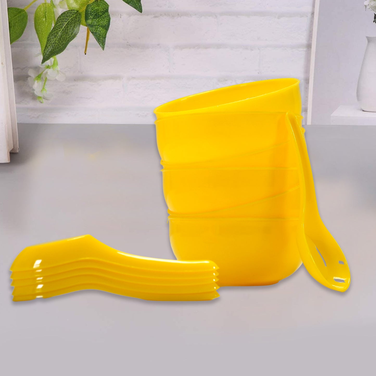 Yellow Plastic Soup Bowl and Spoon Set, 6 Bowls and 6 Spoons, 11 cm, Kitchen and Dining