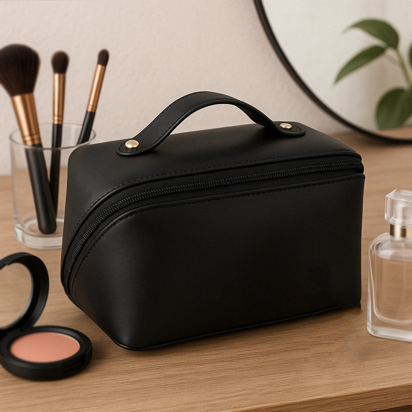 Portable Premium Travel Makeup & Toiletry Organizer Pouch – Waterproof Cosmetic Storage Bag with Zipper & Handle (1 Pc)