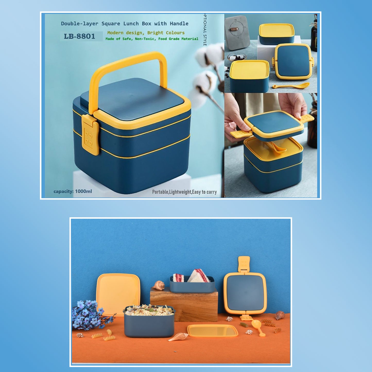 Double-Layer Lunch Box with Handle & Spoon – BPA-Free Plastic | Compact, Kid-Friendly, Dishwasher Safe