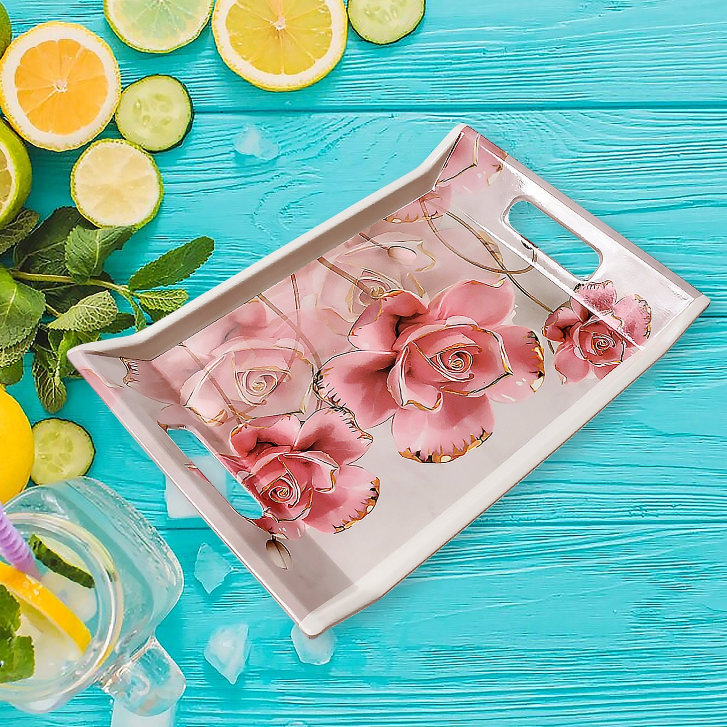 Decorative Plastic Serving Trays with Pink Rose Design, Set of 3, 35 cm x 25 cm, White