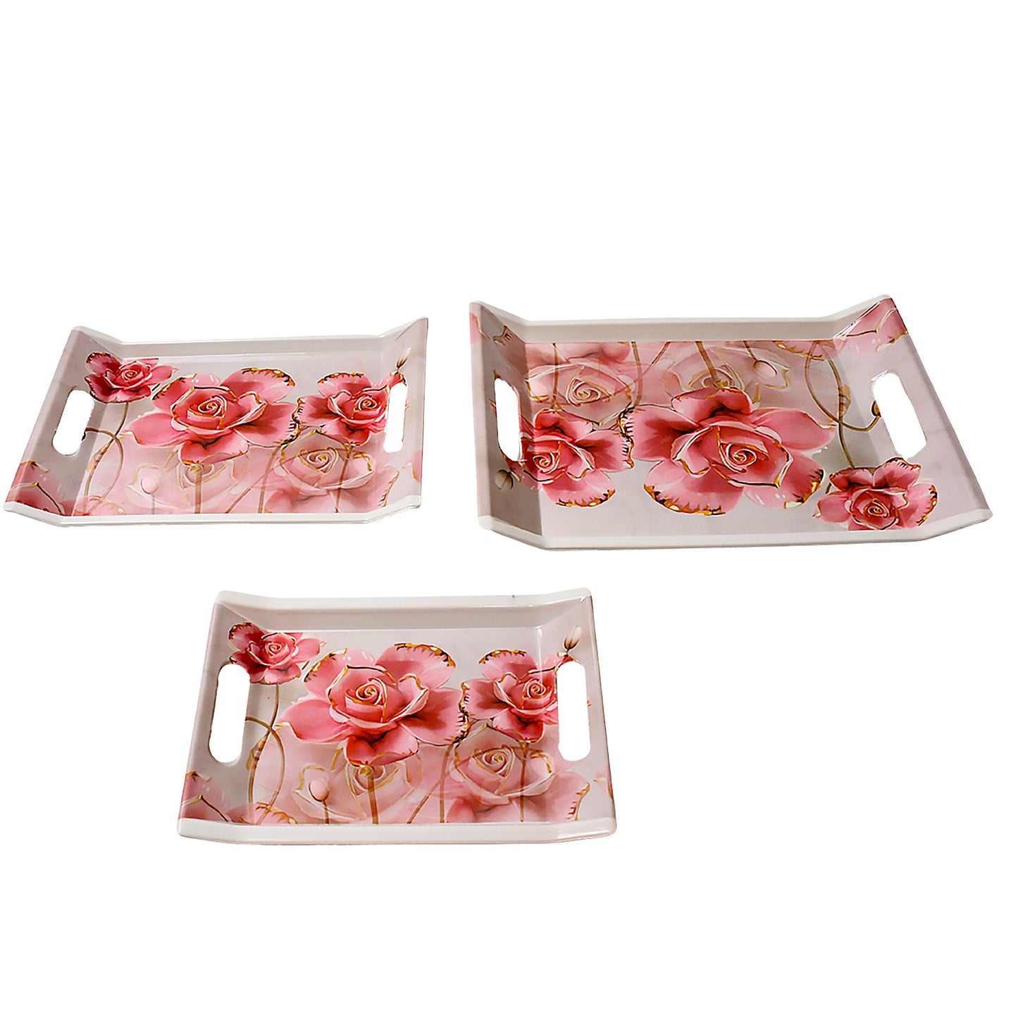 Decorative Plastic Serving Trays with Pink Rose Design, Set of 3, 35 cm x 25 cm, White