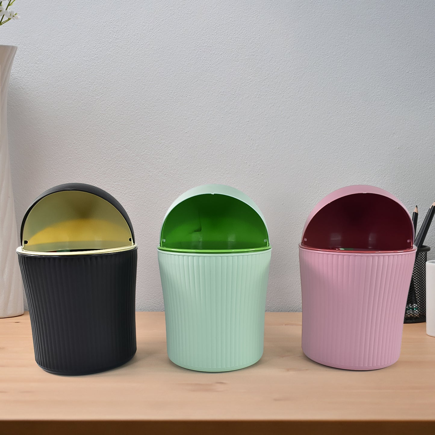 Mini Desktop Dustbin with Swing Lid 1200ml Capacity, 12x12x13 cm, (1 Piece, Assorted Color)