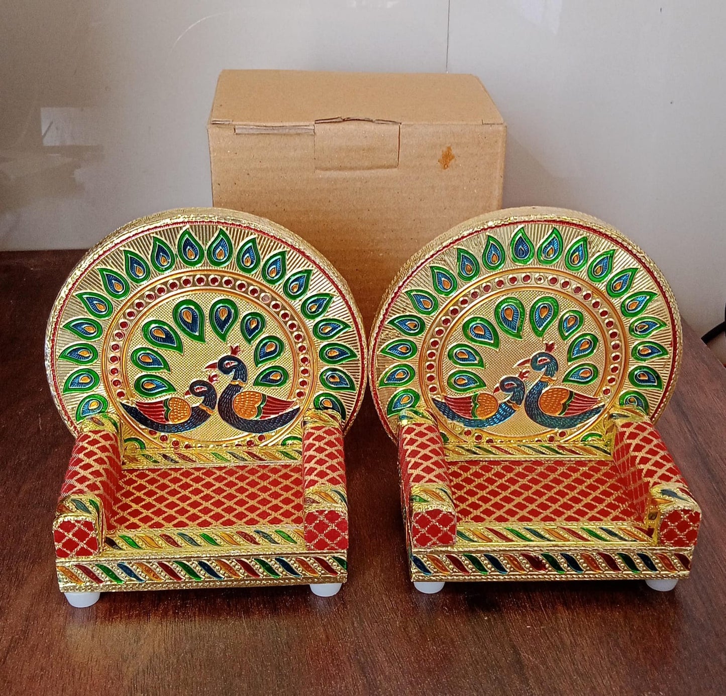 Wooden Laddu Gopal Singhasan with Meenakari Work, 16 x 12 x 16 cm, 2 Piece Set, Multicolour