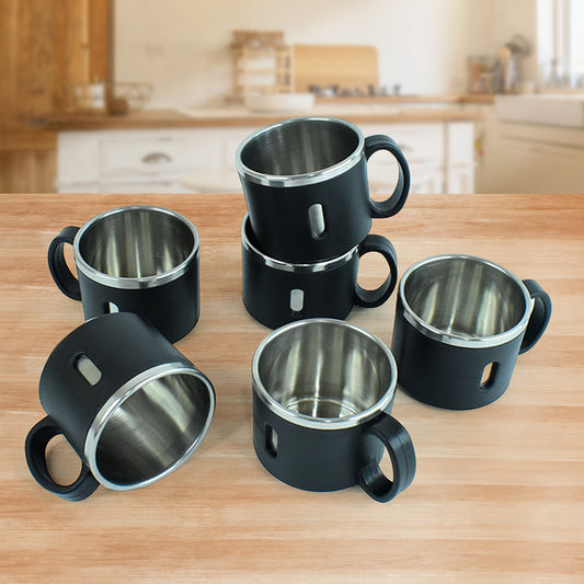 Stainless Steel Desk Mugs, 150 ml, Set of 6, Black with Mirror Finish