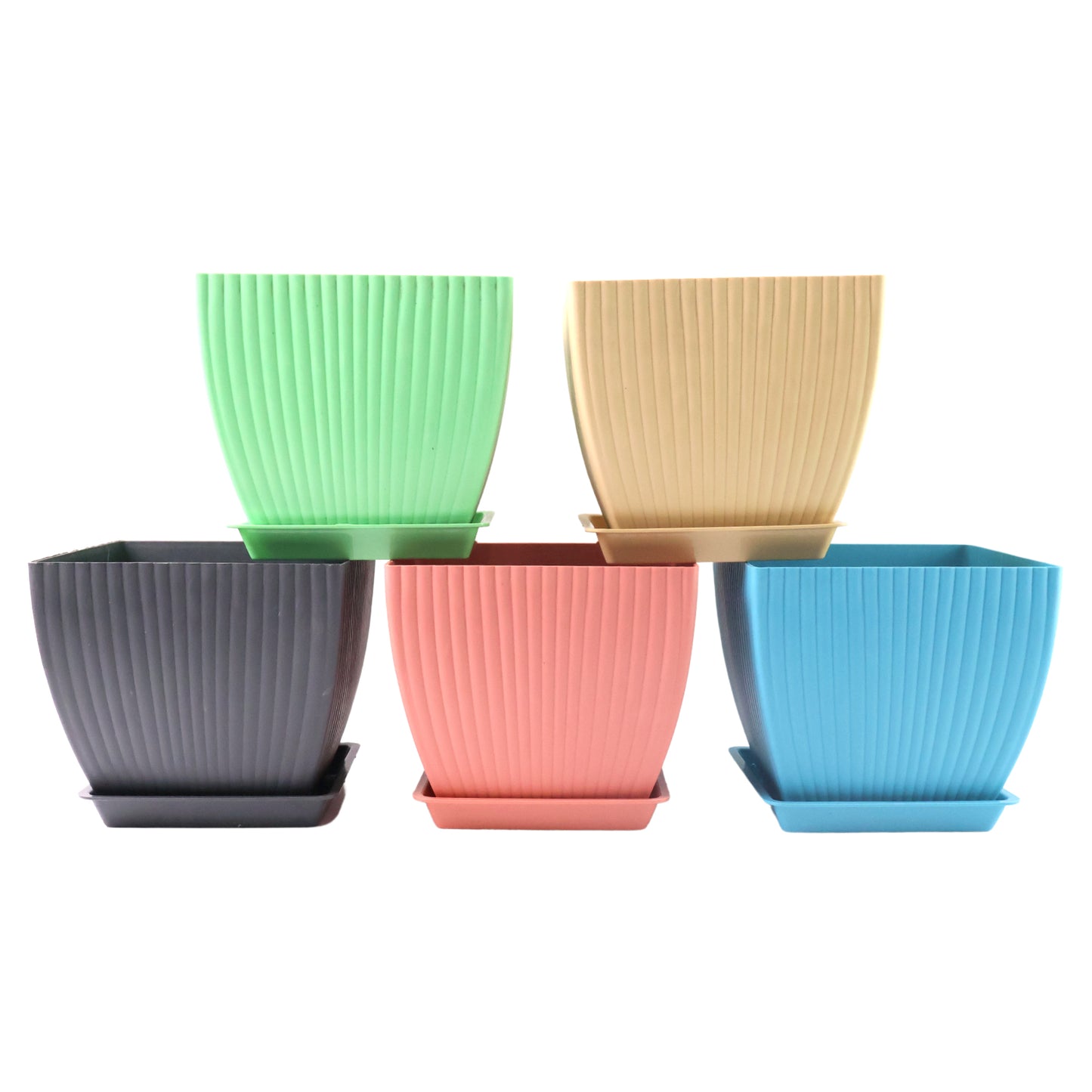 Square Flower Pots with Drainage, Set of 5 Plastic Planters with Trays, Multi-Colour, 17 x 17 x 30 cm, Indoor & Outdoor Use