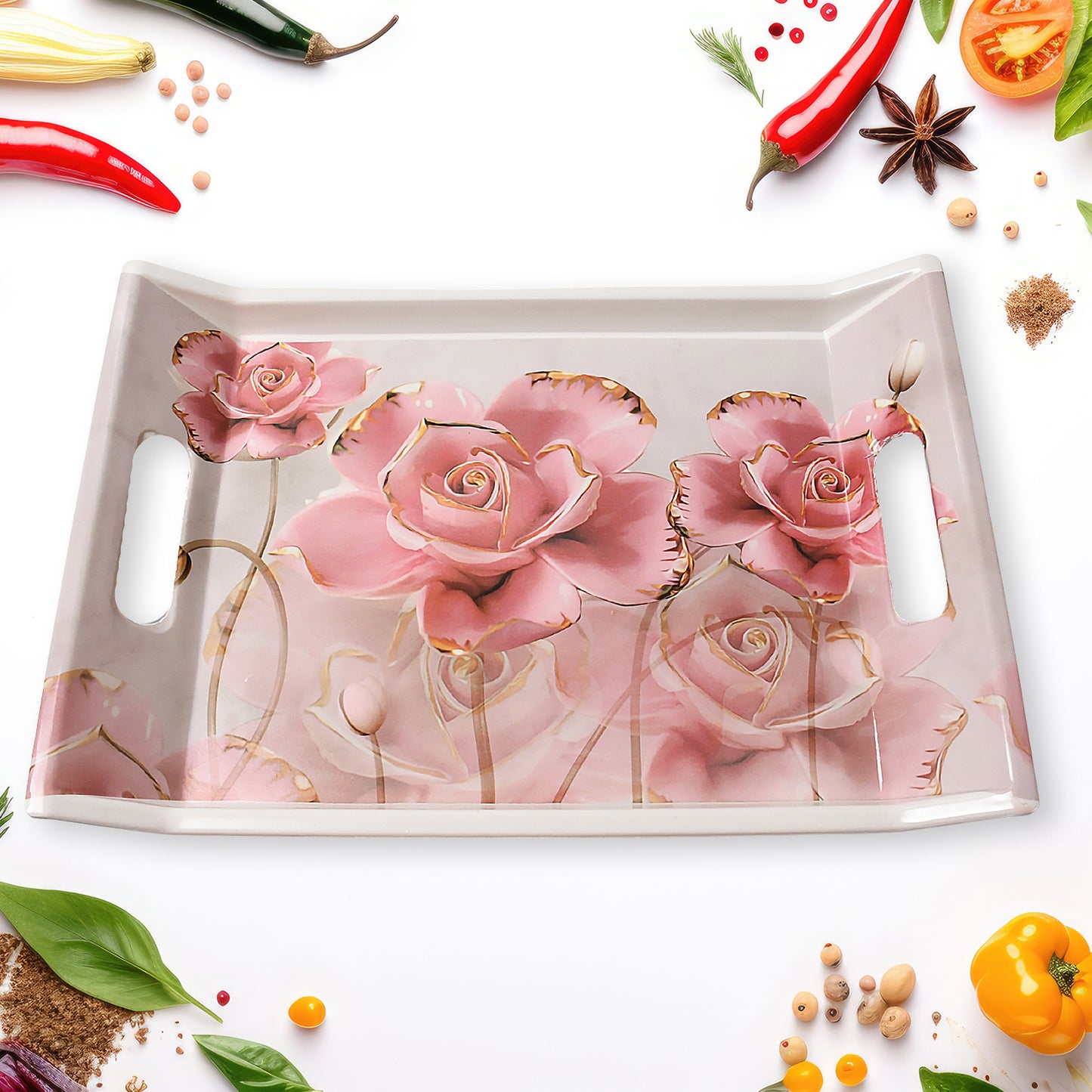 Decorative Plastic Serving Trays with Pink Rose Design, Set of 3, 35 cm x 25 cm, White