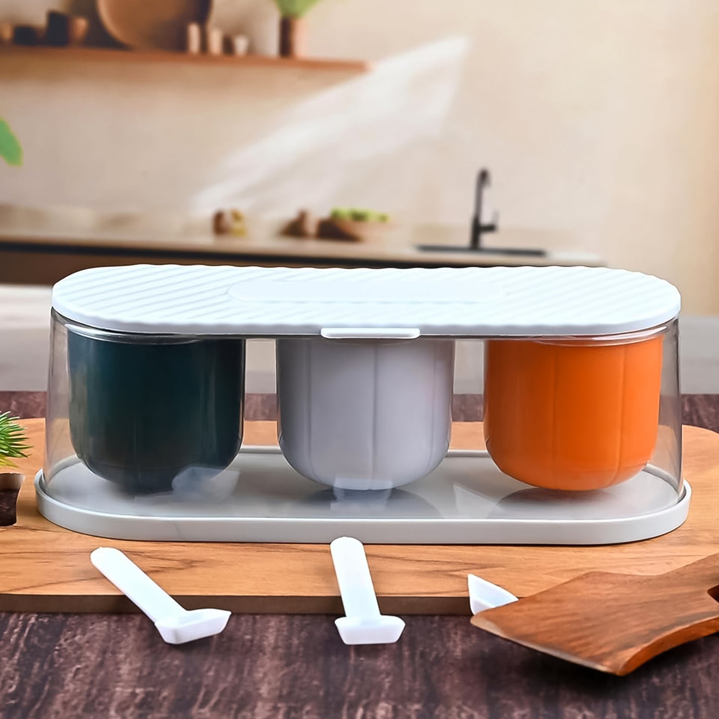 Home Kitchen 3 Grid Seasoning Spice Box Kit with Spoon