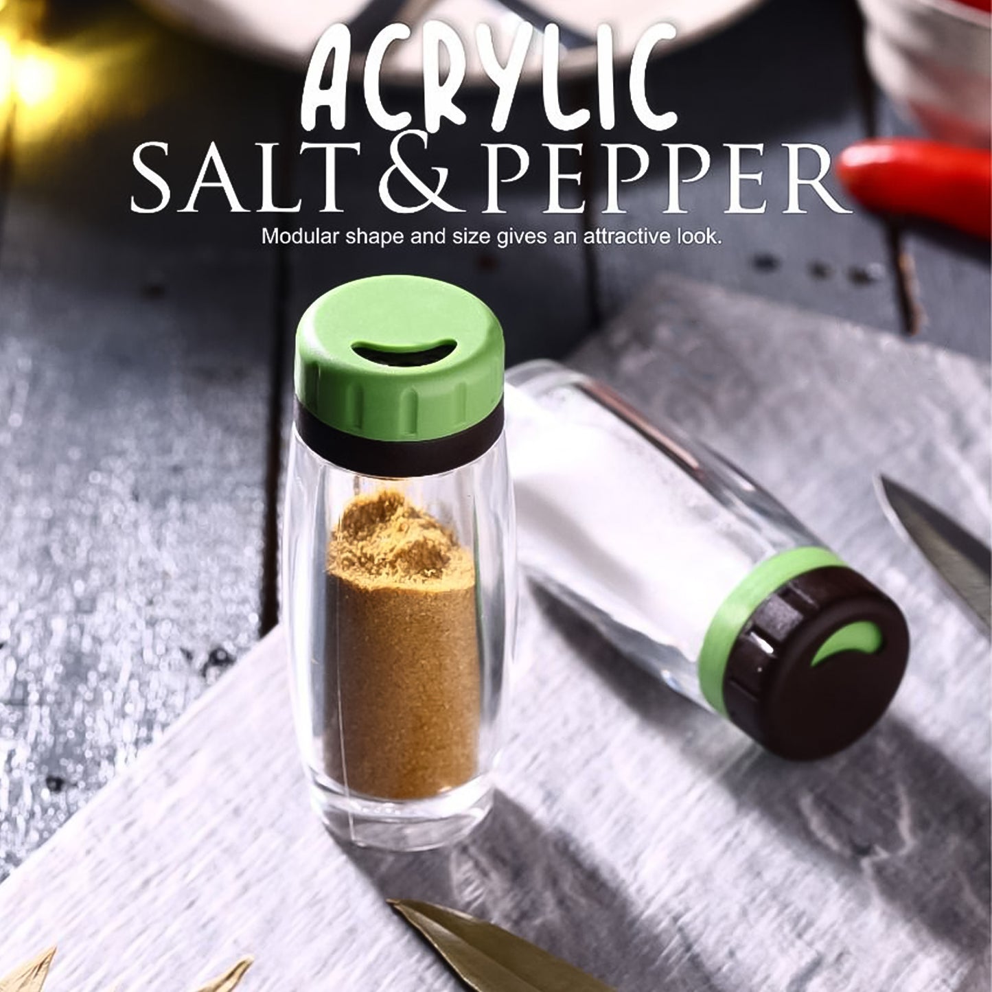 Acrylic Salt and Pepper Shaker Set, 2-Piece, Clear Glass with Grey Flip-Top Lids, 11 cm