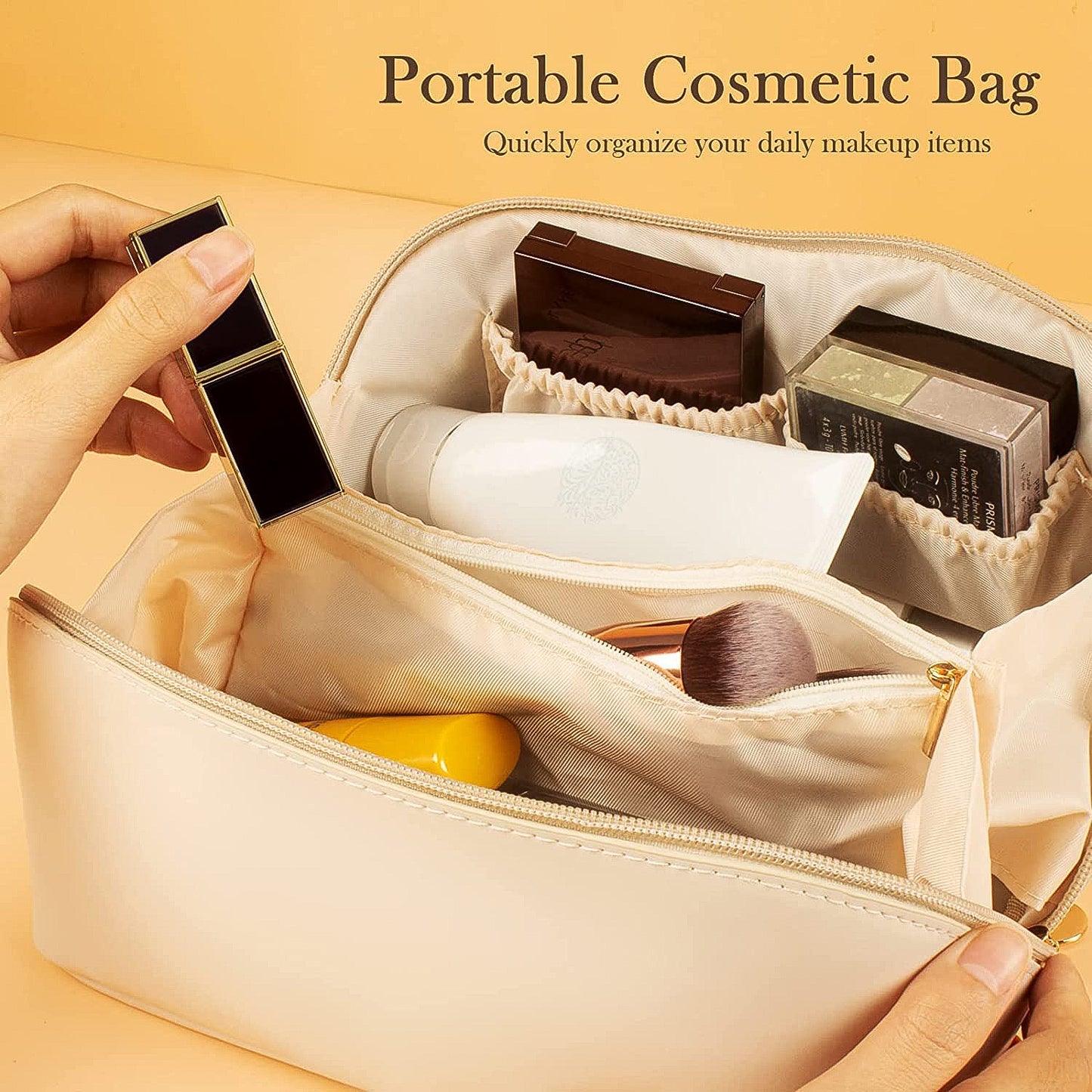 Portable Cosmetic Travel Bag, Waterproof, 28 x 14 x 5 cm, Cream, with Metal Zipper and Reinforced Handle