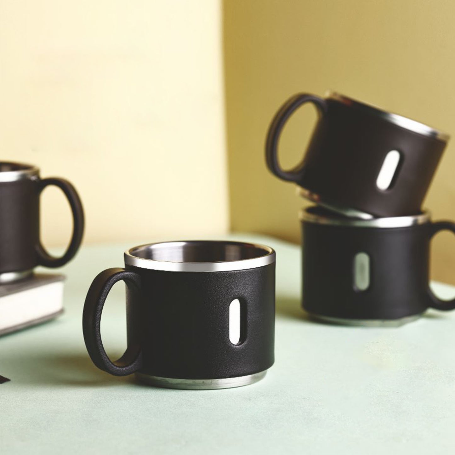 Stainless Steel Desk Mugs, 150 ml, Set of 6, Black with Mirror Finish