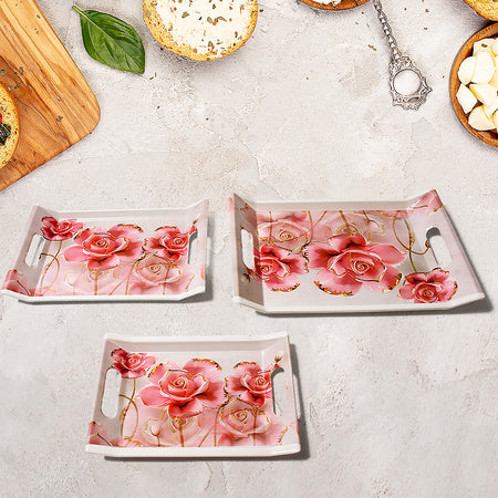 Decorative Plastic Serving Trays with Pink Rose Design, Set of 3, 35 cm x 25 cm, White