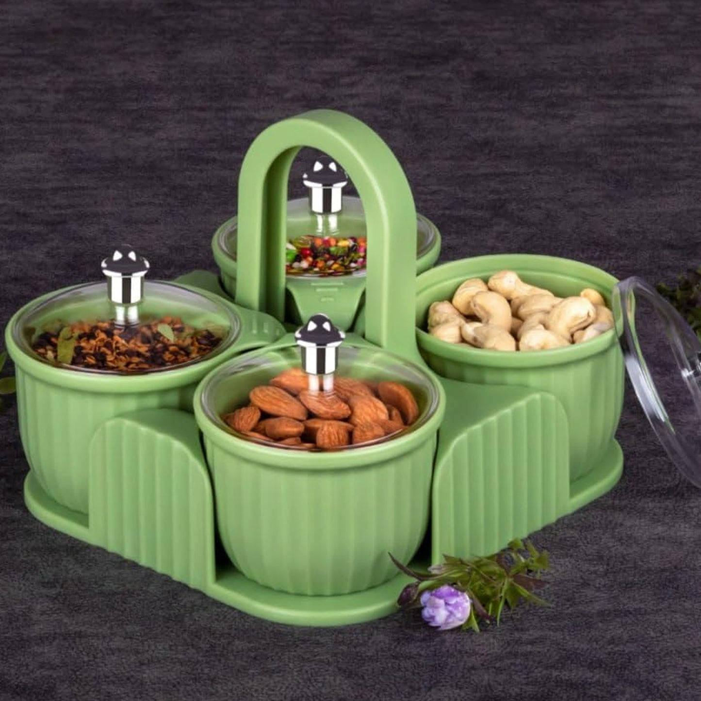 4-Piece Dry Fruit Storage Container Set with Carrier, Plastic Jars with Lids, 19 x 17 x 10 cm