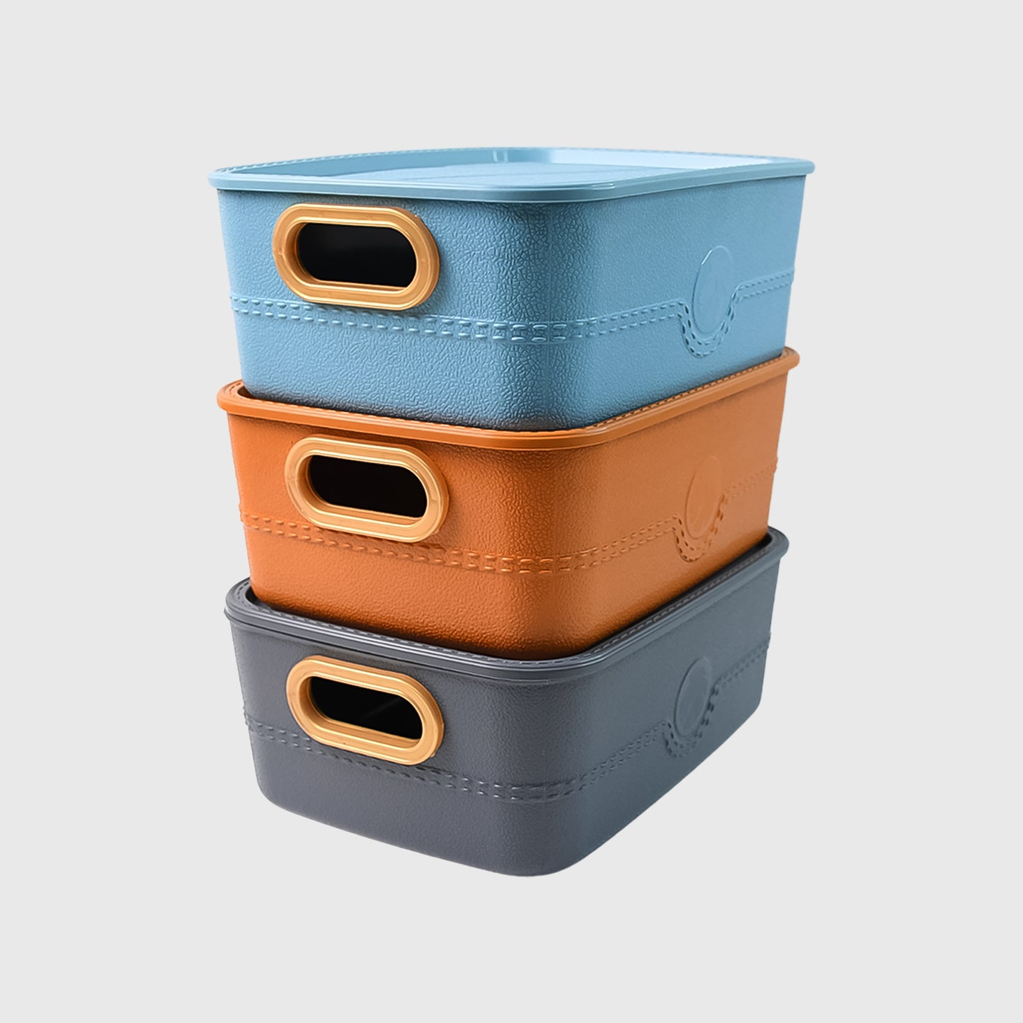 Stackable Storage Bins with Handles, 22 x 22 x 28 cm, Faux Leather Finish, Set of 3, Multi-Colour