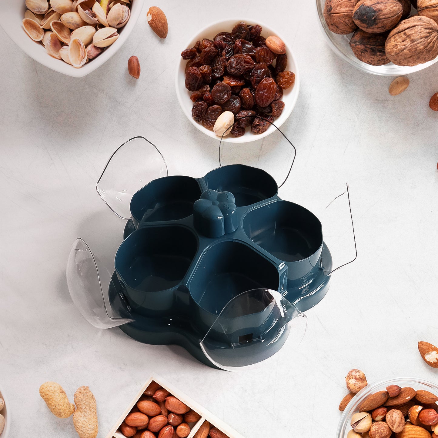 Lotus Shape Rotating Dry Fruit & Snack Organizer Box, 5 Compartments, 25 cm