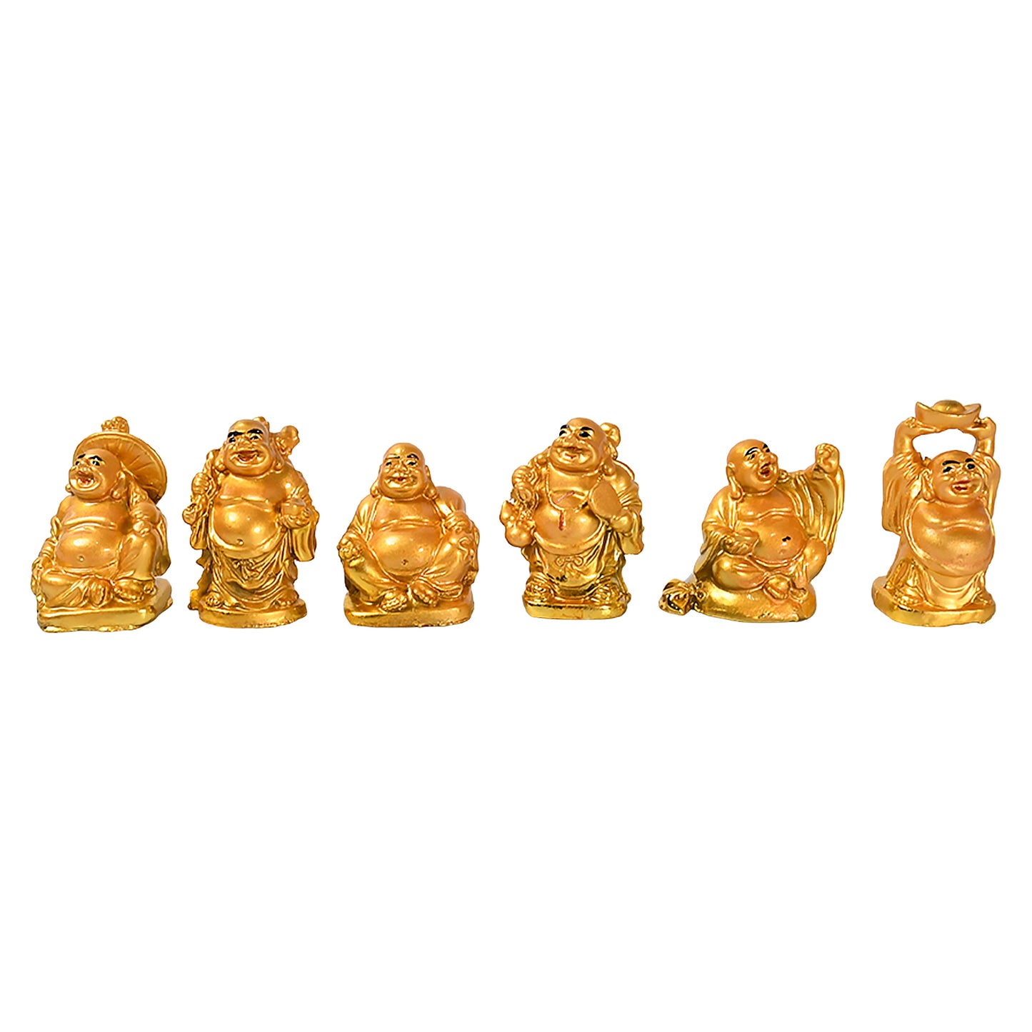 Golden Laughing Buddha Figurines, Set of 6 Unique Poses, 26 cm, Antique Gold