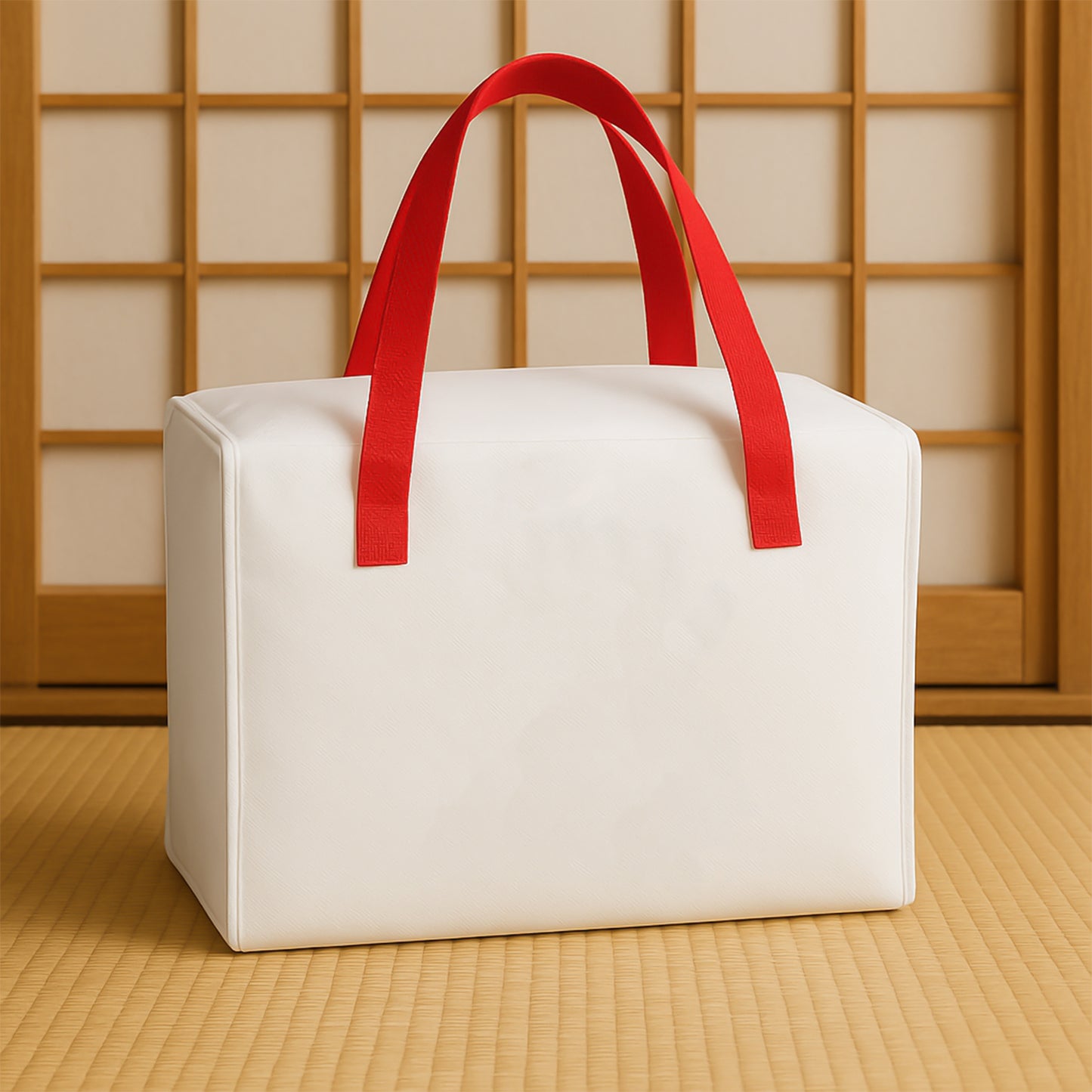 Insulated Thermal Lunch Bag with Red Handles, 25 x 19 x 3 cm, White, Japanese Design, Aluminium Foil Lined
