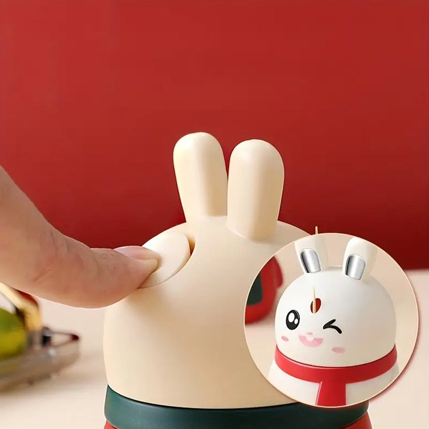 Rabbit Shape Toothpick Dispenser – Press Pop-Up Toothpick Holder | Cute Red Bunny Design | Durable Plastic Toothpick Box for Dining Table, Kitchen & Restaurants (1 Pc)