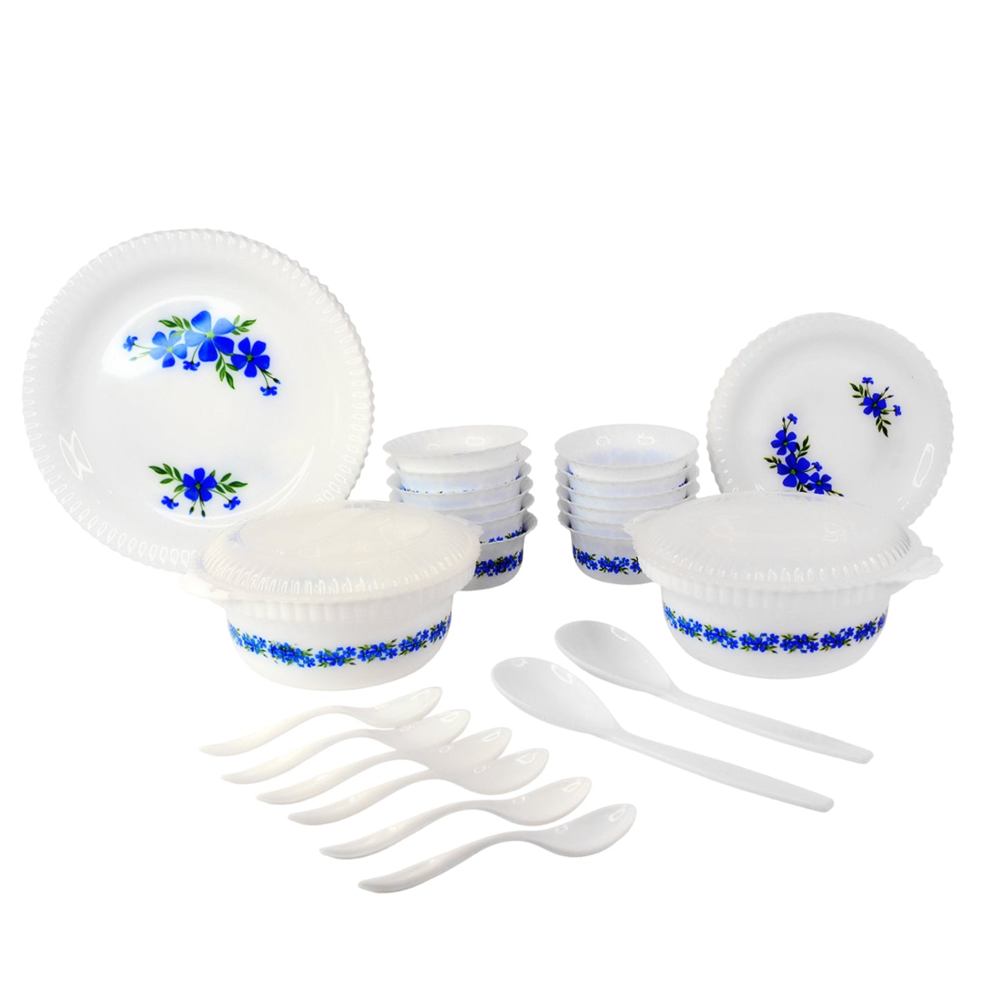 36-Piece Opalware Dinner Set, White with Blue Floral Pattern, Plates, Bowls and Spoons