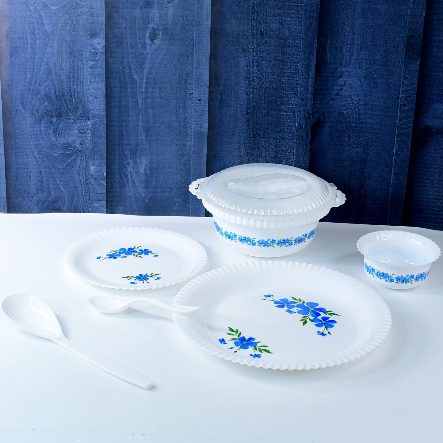 36-Piece Opalware Dinner Set, White with Blue Floral Pattern, Plates, Bowls and Spoons