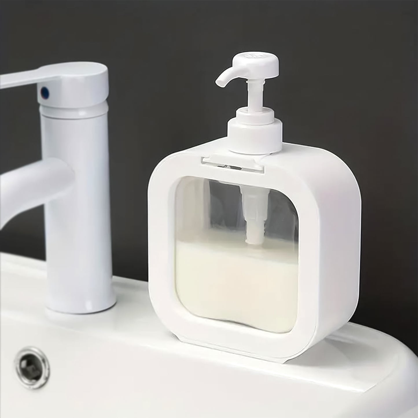 Modern Square Soap Dispenser, Refillable Pump Bottle for Kitchen and Bathroom, 14 cm x 6 cm x 13 cm, White
