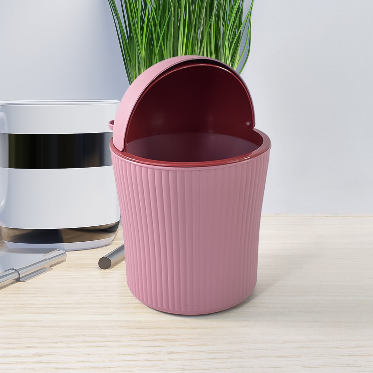 Mini Desktop Dustbin with Swing Lid 1200ml Capacity, 12x12x13 cm, (1 Piece, Assorted Color)