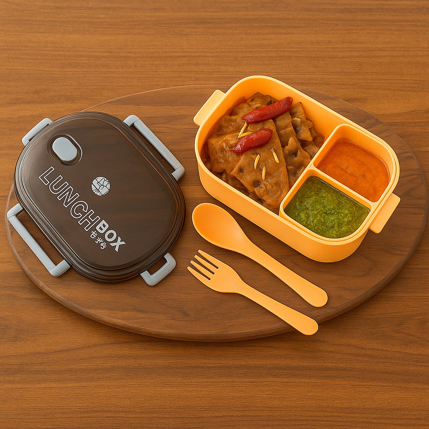 Premium Lunch Box with 3 Compartments, 22 cm x 16 cm, Leak-Proof, Microwave Safe, BPA-Free, with Spoon and Fork