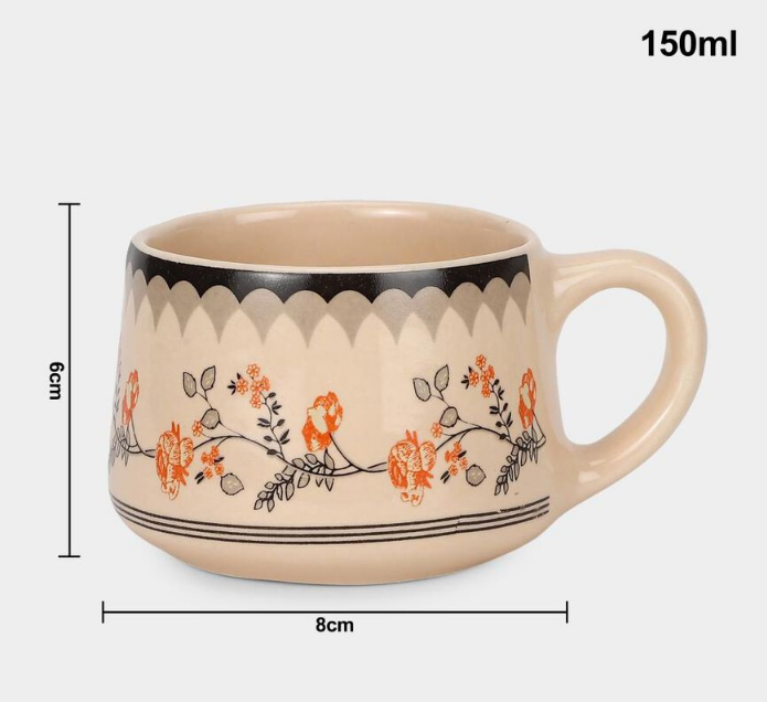 Elegant 150ml Bone China Mug Set of 6, White Floral Printed Tea Coffee Cups with Handles, Elegant Small Beverage Mugs for Home, Kitchen, Office, Dining, Tea Time & Gifting