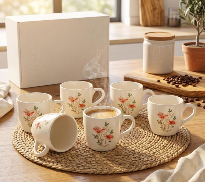 Elegant 120ml Bone China Mug Set of 6, White Floral Printed Tea Coffee Cups with Handles, Elegant Small Beverage Mugs for Home, Kitchen, Office, Dining, Tea Time & Gifting