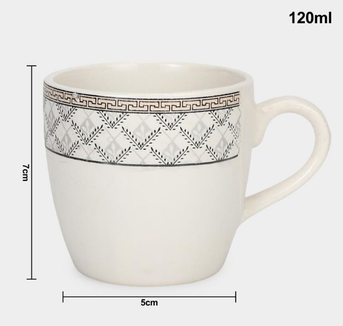 120ml Bone China Mug Set of 6, White Coffee Tea Cups with Black Geometric Pattern and Handles, Elegant Small Beverage Mugs for Home, Kitchen, Office, Dining & Gifting