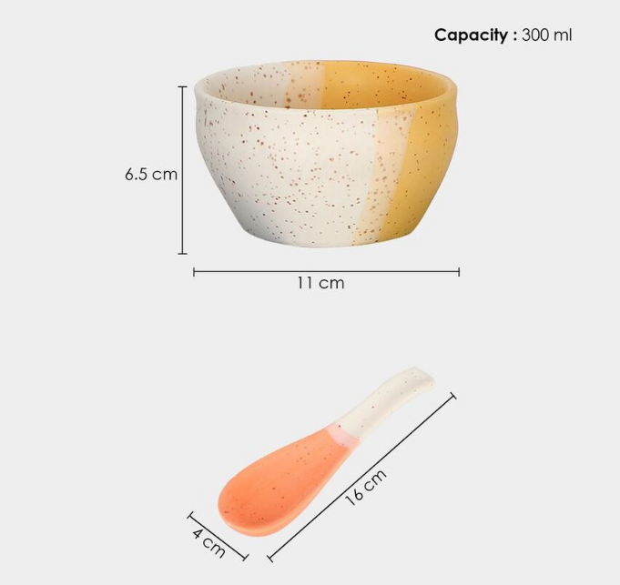 300ml Stoneware Bowl Set of 6 with Matching Spoons, Multicolour Speckled Snack Dessert Bowls, Decorative Serving Bowls for Dry Fruits, Ice Cream, Dips, Sauces, Kitchen & Gifting