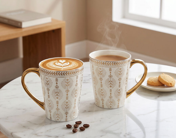 280ml Luxury Gold-Plated Ceramic Coffee Mug Set of 2 – Elegant Designer Cups with Golden Handle & Rim