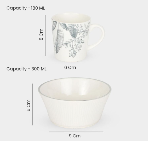 Ceramic Tea Cup & Bowl Set with Floral Pattern | White Coffee Cups and Serving Bowls | 180ml & 300ml Tableware Set for Home, Kitchen, Office & Gifting