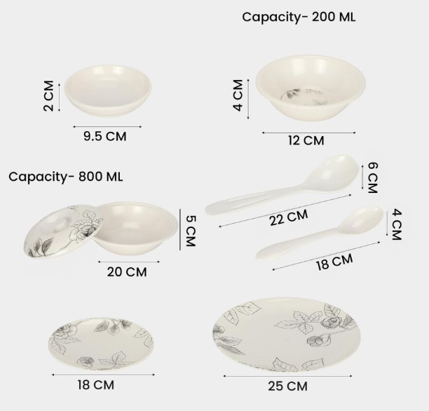 40-Piece Melamine Dinner Set | Elegant White Floral Dinnerware Set with Full Plates, Half Plates, Vegetable Bowls, Chutney Plates, Serving Bowls with Lids & Spoons | Tableware Set for Home, Kitchen & Dining