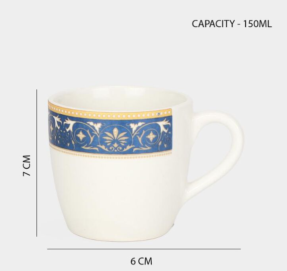 Bio China Mug Set of 6, 150ml White Tea and Coffee Cups with Elegant Blue Floral Border, Lightweight Mugs with Comfortable Handle for Home, Office, Guest Serving and Gifting