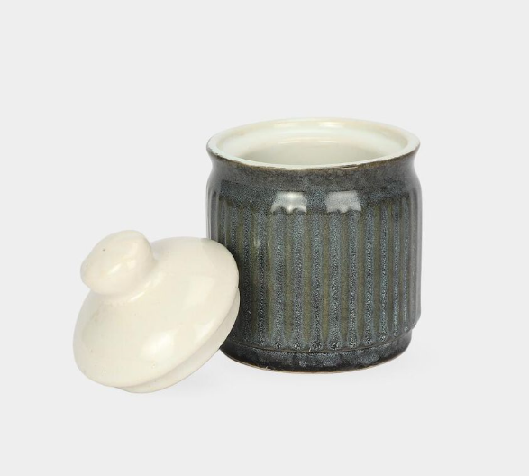 Stoneware Condiment Jar Set with Tray, Set of 3 Blue Glazed Storage Jars with Matching Lids, 150ml Each, Decorative Kitchen Organizer for Sugar, Salt, Spices, Dry Fruits, Mouth Fresheners and Serving