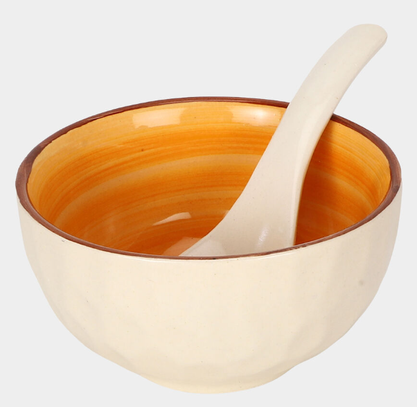Stoneware Bowl with Matching Spoon Set, 300ml White Serving Bowl with Glazed Interior, Elegant Ceramic-Style Bowl for Soup, Cereal, Snacks, Ice Cream, Desserts and Dips, 2-Piece Set