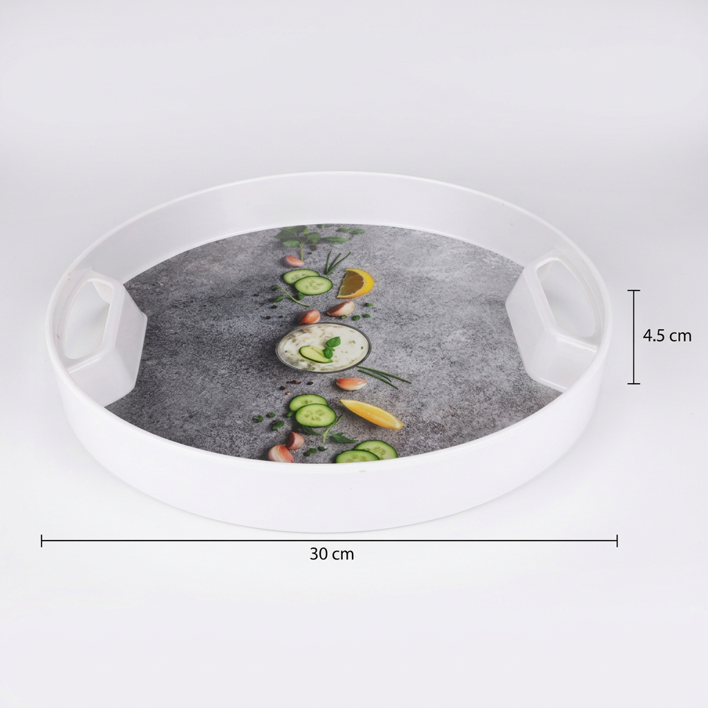 Round Melamine Serving Tray with Handles, White Floral Printed Tray with Raised Rim, Lightweight Durable Food Serving Plate for Tea, Coffee, Snacks, Desserts & Beverages, 30 x 4.5 cm
