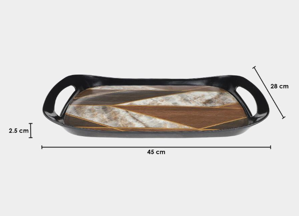 Rectangular Melamine Serving Tray with Handles, Brown Wood Grain Design Food Serving Platter with Raised Edges, Lightweight Durable Tray for Tea, Coffee, Snacks, Breakfast & Beverages, 45 x 28 x 2.5 cm